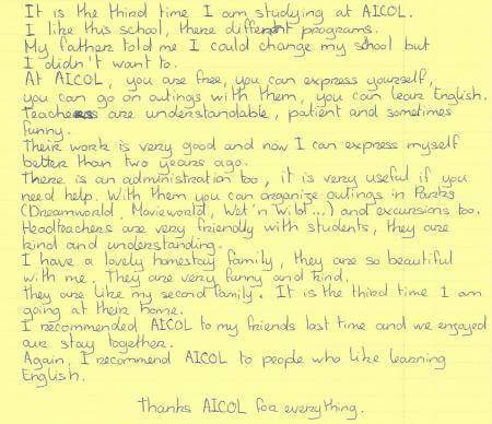 Another testimonial for AICOL Gold Coast English School