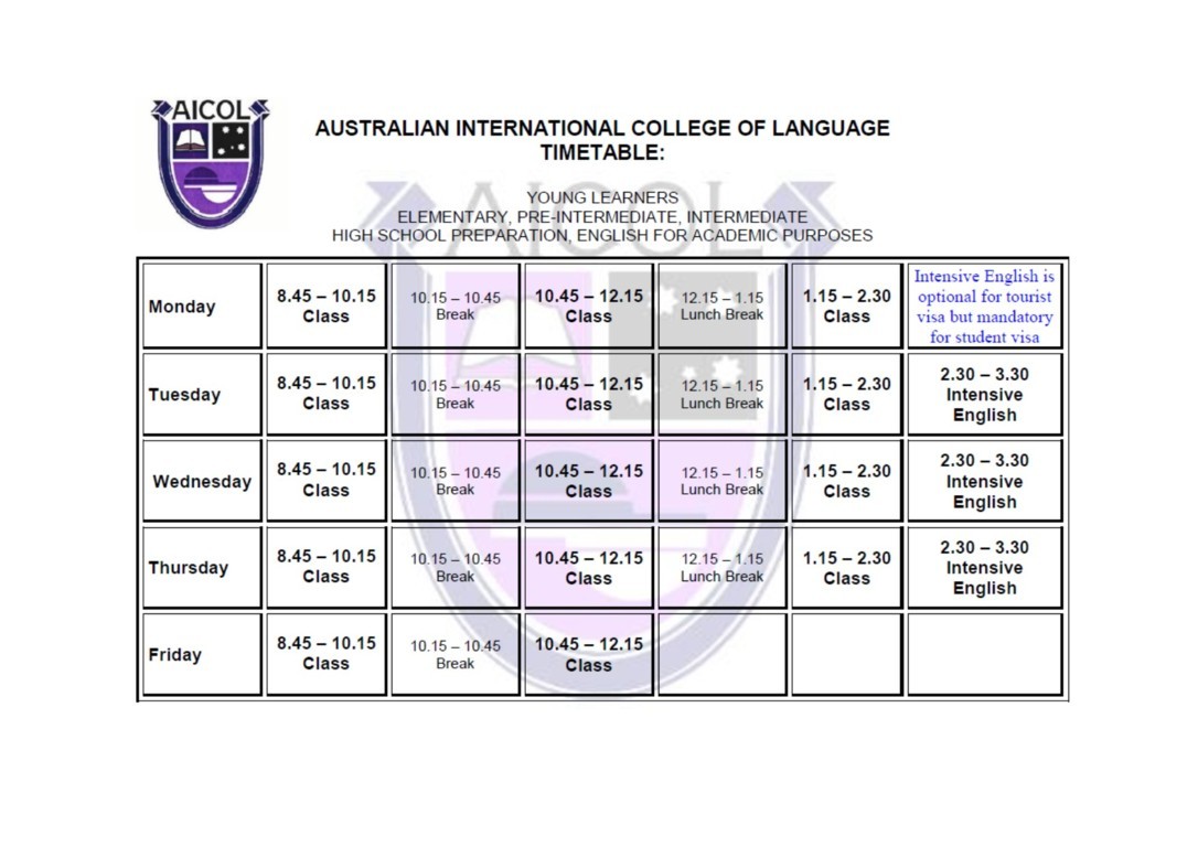 AICOL Southport English school timetable