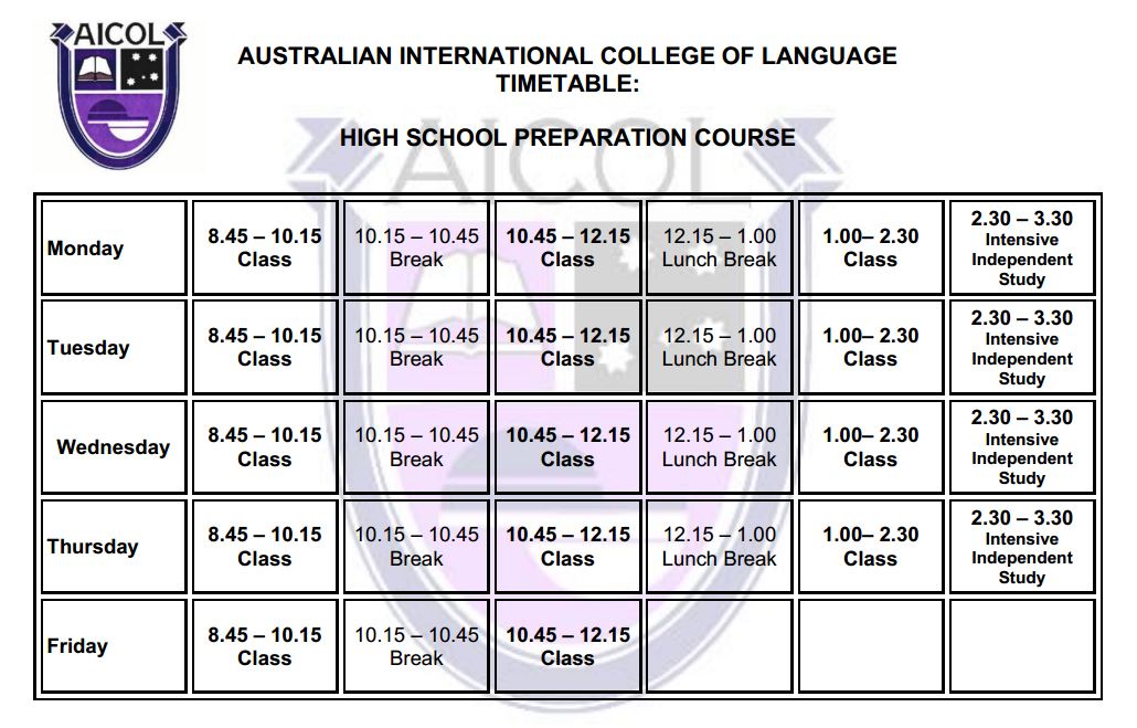 High School Preparation (HSP) Timetable